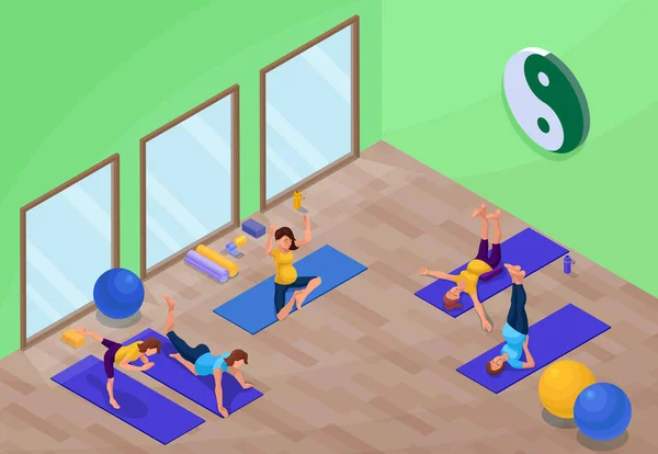 Interior de clase de yoga con mujer embarazada haciendo ejercicio físico, ilustración isométrica vectorial 3d con entrenamiento deportivo, relajación y meditación plantea colección — Vector de stock