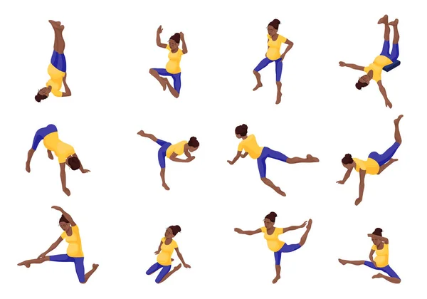 Grand ensemble de yoga prénatal avec une femme africaine enceinte faisant de l'exercice de remise en forme, illustration vectorielle 3D isométrique avec entraînement sportif, collection de poses de relaxation et de méditation — Image vectorielle