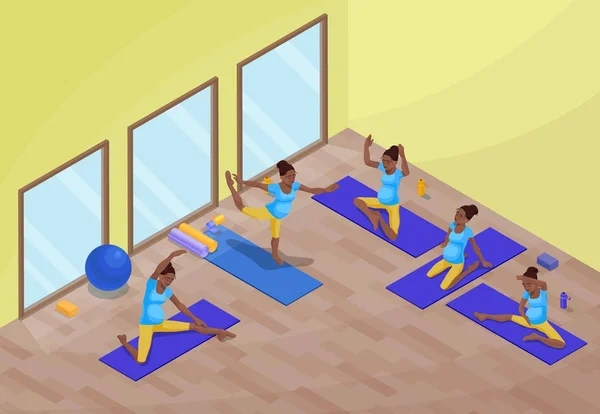 瑜伽班内部与怀孕的非洲妇女做体育锻炼, 等距3d 向量插图与运动训练, 放松和冥想构成收集 — 图库矢量图片