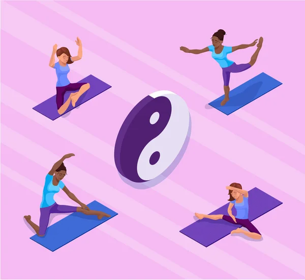 Yoga poz afiş fiziksel fitness egzersiz yaparak kadınla izometrik 3d spor eğitim, gevşeme ve meditasyon ile illüstrasyon vektör — Stok Vektör