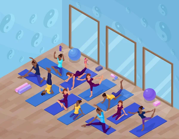 Yoga studio interior with woman doing physical fitness exercise, isometric 3d vector illustration with sport training, relaxation and meditation — Stock Vector