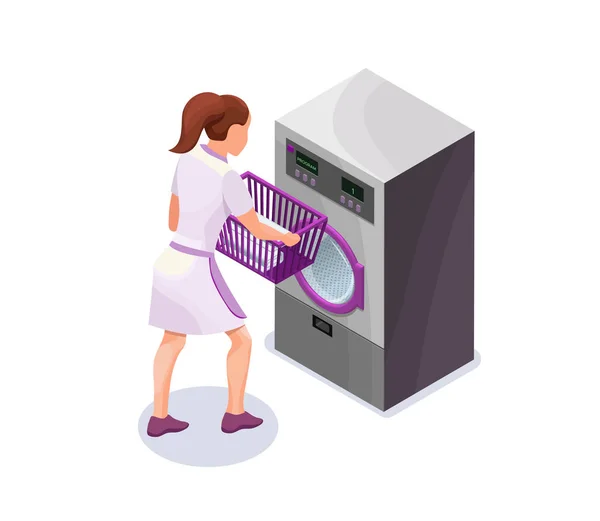 洗濯機、乾燥機で洗濯女に近い服を着て洗濯持株バスケット等尺性 3 d ベクトル イラスト — ストックベクタ
