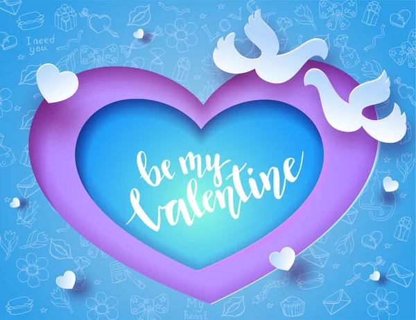 День Святого Валентина банер в модному паперовому стилі мистецтва з різьбленим серцем і парою силуетів голубів, романтичний фон для святкового запрошення з написом — стоковий вектор