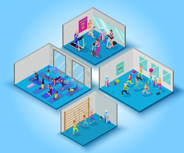 Fitness training big set with yoga, aerobics, cardio and suspension workout classes, isometric vector 3d illustration with sports girls, modern physical exercises concept — Stock Vector