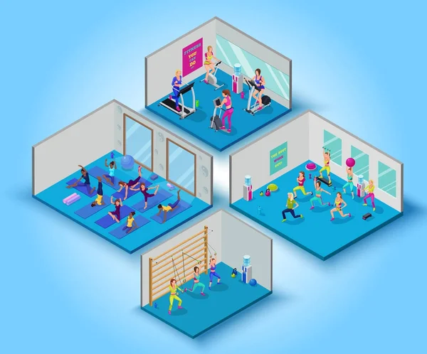 Treinamento de fitness grande conjunto com ioga, aeróbica, cardio e aulas de exercícios de suspensão, ilustração 3d vetor isométrico com meninas de esportes, conceito de exercícios físicos modernos —  Vetores de Stock