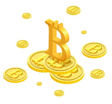 Bitcoin izometrik izole simgeler, cryptocurrency altın sikke, dijital para nesneleri, modern finansal simgeler, zenginlik kavram 3d vektör çizim