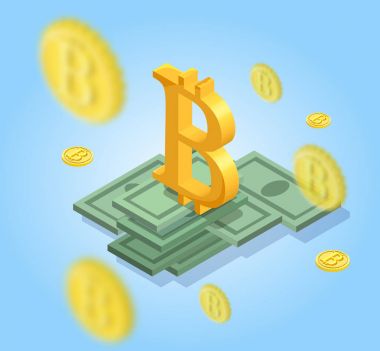 Bitcoin izometrik izole simgeler, cryptocurrency altın sikke, dijital para nesneleri, modern finansal simgeler, zenginlik kavram 3d vektör çizim