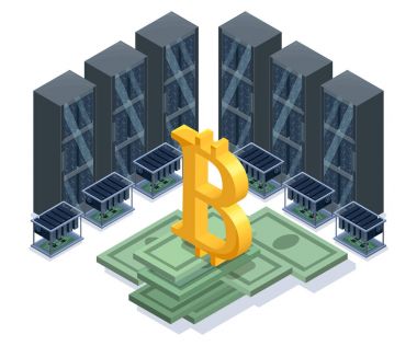 İzometrik bitcoin araştırma grubu, video devre ve sunucu, bilgisayar, cryptocurrency incelemesi kavramı, mali izometrik 3d vektör çizim