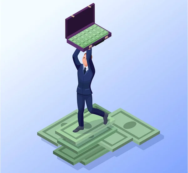 Empresário com pasta de notas de dinheiro, conceito de riqueza financeira bem sucedida, ilustração vetorial 3D isométrica — Vetor de Stock