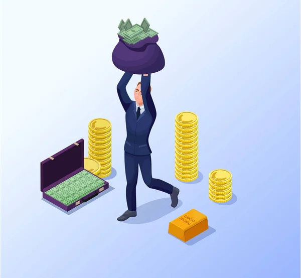 Empresário com saco de notas de dinheiro, moedas, barra de ouro, conceito de riqueza financeira bem sucedida, ilustração vetorial 3D isométrica — Vetor de Stock