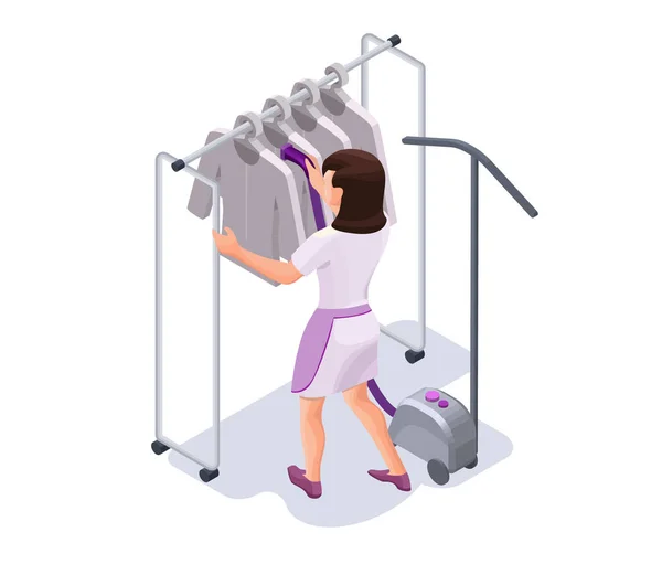 Stomen van kleding met steamer, wasvrouw of droge reinigingsmachines werknemer waardoor kleding glad met stoom, isometrische 3d vector illustratie — Stockvector