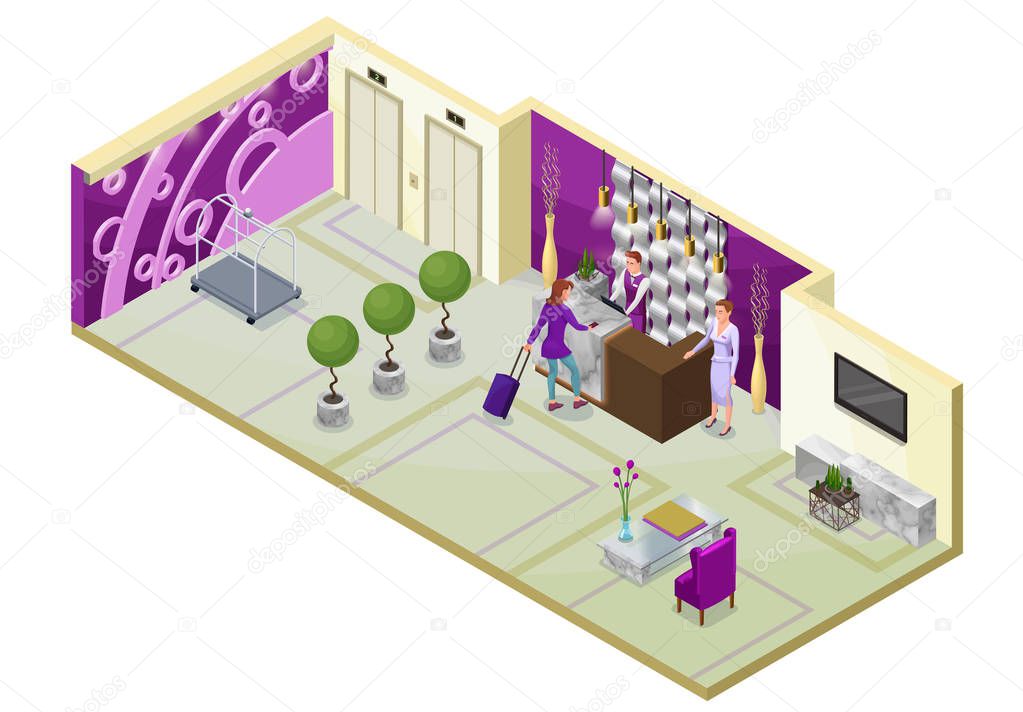 Hotel isometric 3d illustration with people, lobby, reception desk, marble furniture, trendy interior design, inside room view
