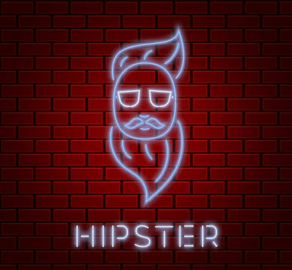 Hipster-Neon-Silhouette isolierte Ikone, elektrischer heller Hintergrund mit trendigem Männerkopf mit Schnurrbart, Bart, Schleife, Vektorillustration — Stockvektor