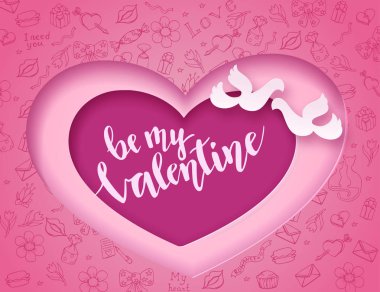 Modaya uygun kağıt sanat tarzı oymalı kalp ve çift güvercin silueti, yazı ile tatil davetiyesi için romantik arka plan ile Sevgililer günü afiş