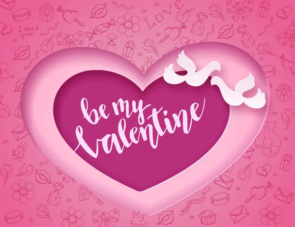 Modaya uygun kağıt sanat tarzı oymalı kalp ve çift güvercin silueti, yazı ile tatil davetiyesi için romantik arka plan ile Sevgililer günü afiş