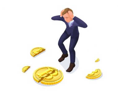 İşadamı düşmüş bitcoin ile 3d izometrik vektör çizim adam ve cryptocurrency sembolü, mali kriz kavramı, para ile başarısız