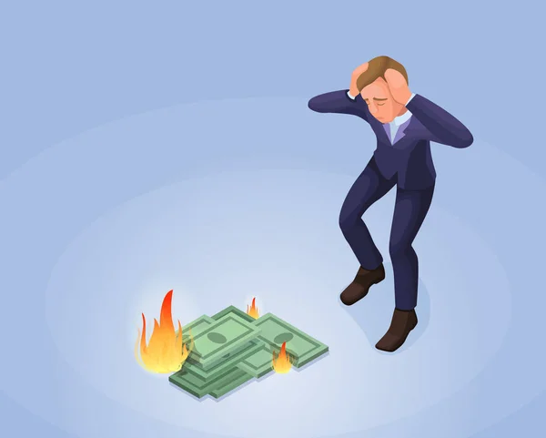 Businessman with burning money, 3d isometric vector illustration with man and green banknote in fire, financial crisis concept, money fail — Stock Vector