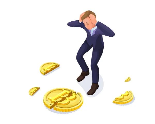 Empresário Com Bitcoin Caído Ilustração Vetor Isométrico Com Homem Símbolo — Vetor de Stock