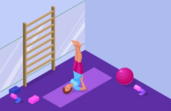 Yoga studio interno con donna che fa esercizio fisico fitness, isometrico 3D vettoriale illustrazione con allenamento sportivo, relax e meditazione — Vettoriale Stock