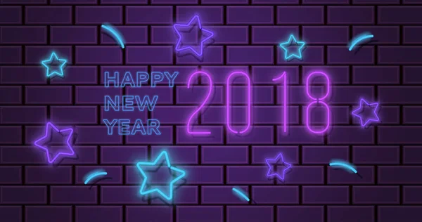 Feliz Ano Novo 2018 ilustração vetorial com luzes de néon, fundo do partido ou tabuleta — Vetor de Stock