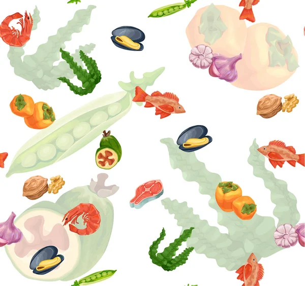 Organic food and seafood seamless pattern vector sketch colorful banner, persimmon, feijoa, sea bass, milk, carrot, garlic, walnut, salmon steak, pea, mussel, shrimp, seaweed — Stock Vector