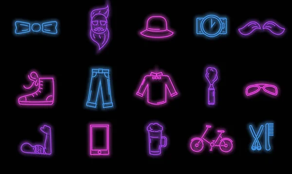 Csípő neon ikon szett tartozékok divatos ruházati, gadgets, kerékpár, ikonok gyűjtemény, sablon banner, jelzőtábla, szórólap, vektoros illusztráció művészet stílusa — Stock Vector