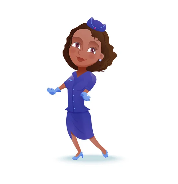 Стюардесса персонаж мультфильма, член экипажа авиакомпании, милая африканская девушка в синей форме делает инструктаж по безопасности, векторная иллюстрация — стоковый вектор