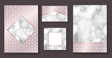 Japonya dalga deseni broşür düzen, kartvizit şablonu veya arka planda şık minimalist geometrik tarzı, Mermer doku, altın gül metal, Çin Doğu takı, trendy vektör davet