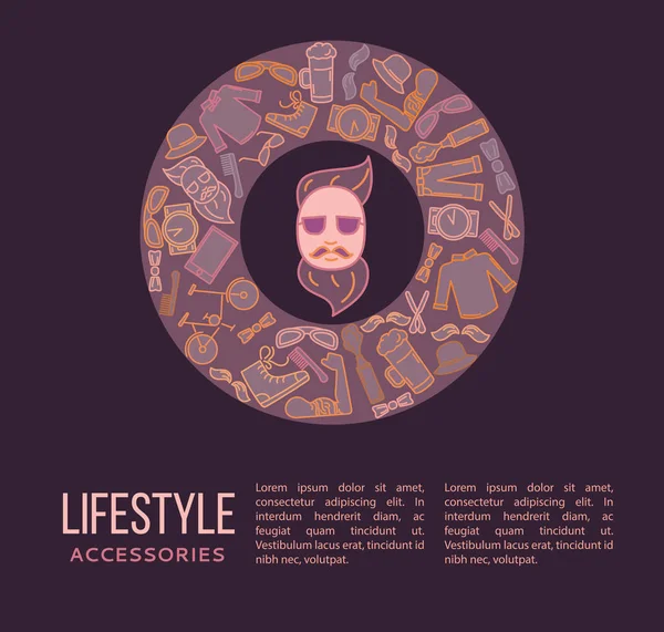 Hipster-Accessoires im Einklang mit Stil mit trendiger Kleidung, Gadgets, Fahrrad, Icons Collection, Vorlage für Banner, Flyer, Druck, Vektorillustration — Stockvektor