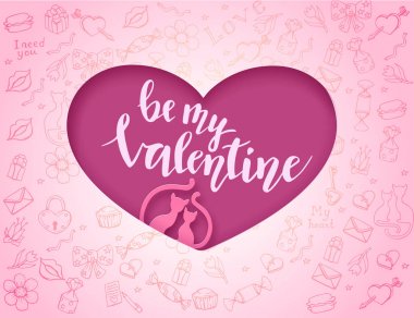 Modaya uygun kağıt sanat tarzı oymalı kalp ve kediler siluet, yazı ile tatil davetiyesi için romantik arka plan birkaç başlıkta Sevgililer günü