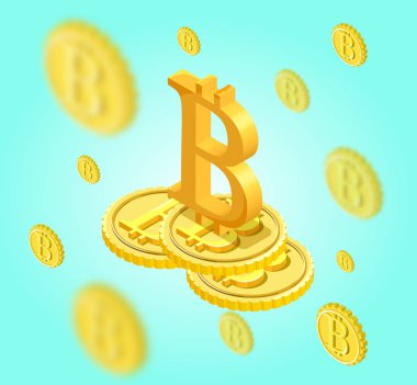 Bitcoin izometrik izole simgeler, cryptocurrency altın sikke, dijital para nesneleri, modern finansal simgeler, zenginlik kavram 3d vektör çizim