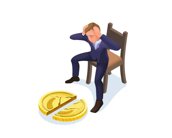 Businessman with broken coin, 3d isometric vector illustration with man and currency symbol, financial crisis concept, money fail — Stock Vector