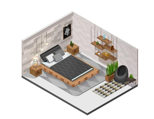 Escandinávia interior quarto isométrico infográfico 3d aconchegante layout com paletes diy móveis de madeira, padrão geométrico, travesseiro, prateleira, lâmpada de terrário, cacto, cama com luzes, vista interior quarto —  Vetores de Stock