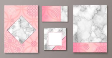 Broşür veya VIP ambalaj tasarım kümesi, lüks şal kağıt şablonu veya arka planda Mermer doku, altın gül metal, çerçeve, vektör moda duvar kağıdı, poster, hediye kutusu ile trendy geometrik tarzı