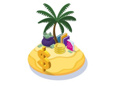 Offshore şirket kavramı para banknot, palmiye ve dolar işareti, belgeler, finansal dolandırıcılık poster, klasörlerle ile tropikal adada paralar ile izometrik 3d illüstrasyon vektör