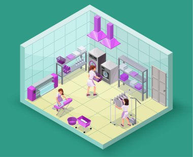 Kuru Temizleme veya yıkama ve Ütü makineleri, çamaşırcı, sepetler, deterjan, vektör iç giysi Temizleme salonu ile Çamaşırhane servisi izometrik 3d çizim