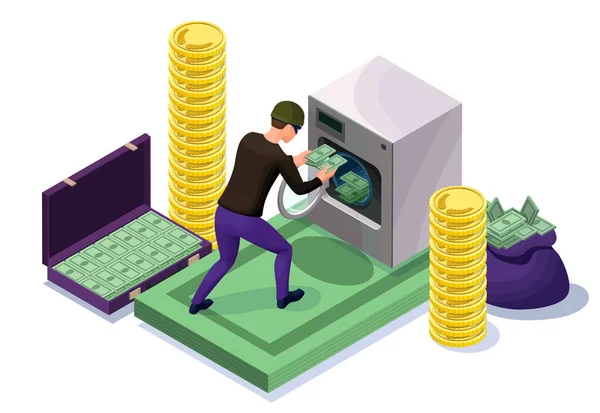 Criminele wassen bankbiljetten in machine, geld witwassen van pictogram met bandit, financiële fraude concept, isometrische 3d vector illustratie — Stockvector