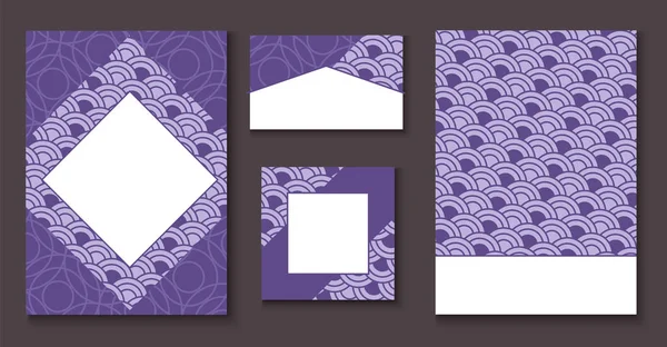 Invitaion de couleur violette tendance avec motif floral japonais, mise en page de brochure, modèle ou fond dans un style géométrique minimaliste à la mode, ornement oriental, couverture de mode vectorielle, impression — Image vectorielle
