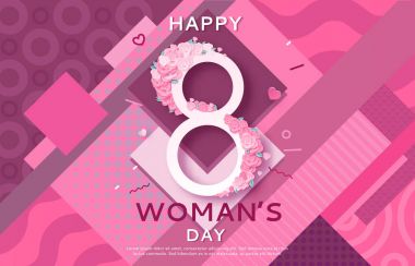 Trendy geometric women s day banner, 8 march poster in modern 90s 80s memphis style with paper art or origami elements, patterns, woman silhouette, colorful vector illustration, fashion background clipart