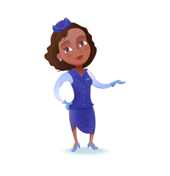 Стюардесса персонаж мультфильма, член экипажа авиакомпании, милая африканская девушка в синей форме помогает с сумками, векторная иллюстрация — стоковый вектор