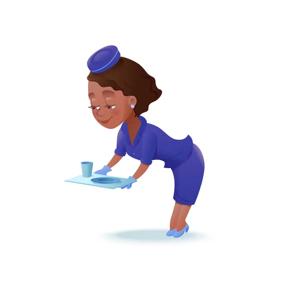 Персонаж мультфильма Стюардессы, член экипажа авиакомпании, симпатичная африканская девушка в синей форме, подающая еду, векторная иллюстрация — стоковый вектор