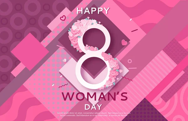 Trendy geometrische vrouwen s dag banner, 8 maart poster in moderne 90s 80s memphis stijl met papier kunst of origami elementen, patronen, vrouw silhouet, kleurrijke vectorillustratie, fashion achtergrond — Stockvector