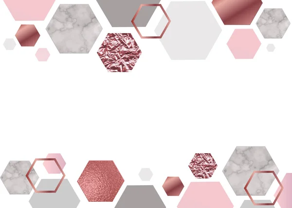 Fondo de mármol rosa en estilo geométrico minimalista de moda con piedra, papel de aluminio, brillo, texturas metálicas, hexágono, plantilla para póster, invitación, fondo de pantalla — Vector de stock
