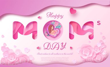 Anneler günü origami kağıt sanat tebrik kartı çerçeve, desenleri, çiçekler, Bebek siluet tutan kadın trendy tarzı. Renkli oyma vektör çizim