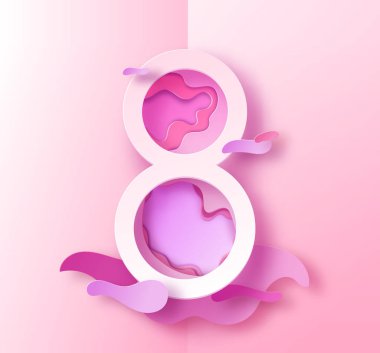 Bayan gün origami veya kağıt sanat tebrik kartı, 8 Mart abstact banner trendy oyma el sanatları tarzı oymalı siluet, çiçekler, renkli moda vektör çizim, arka plan ile