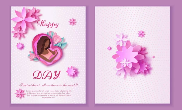 Ημέρα των μητέρων origami χαρτί τέχνης ευχετήρια κάρτα σε μοντέρνο στυλ με πλαίσιο, σχέδια, λουλούδια, αφρικανή γυναίκα κρατώντας σιλουέτα μωρό. Πολύχρωμη ανάγλυφη διανυσματική απεικόνιση — Διανυσματικό Αρχείο