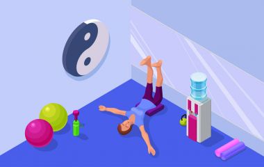 Yoga studio iç fiziksel fitness egzersiz yaparak kadınla izometrik 3d spor eğitim, gevşeme ve meditasyon ile illüstrasyon vektör