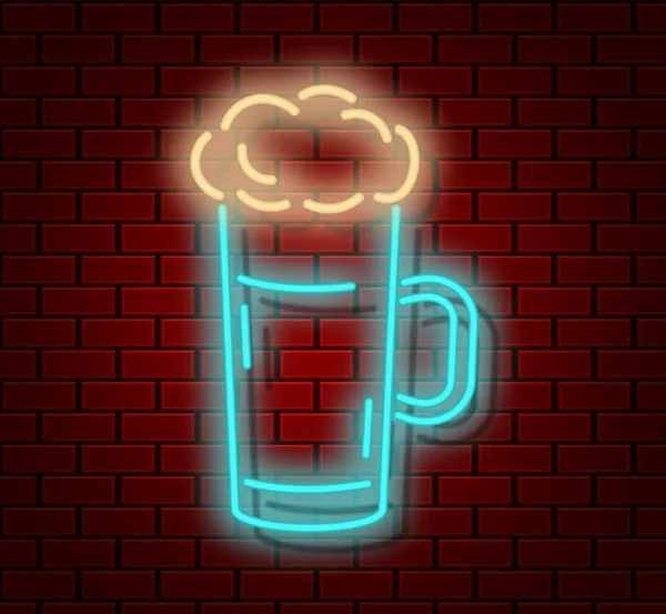 Cerveza silueta de neón aislado icono, alcohol símbolo luz eléctica fondo con vidrio y burbujas, barra letrero vector ilustración — Archivo Imágenes Vectoriales