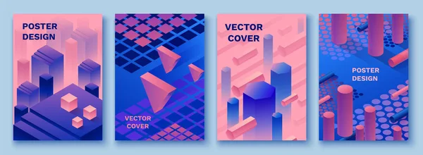 Carteles isométricos violeta abstractos engarzados en color púrpura de moda con formas geométricas 3d, colección de folletos, fondo futurista, ilustración vectorial brillante colorido, cubierta, impresión — Vector de stock