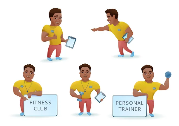 Conjunto de entrenador de fitness personal, colección de personajes de dibujos animados africanos, entrenamiento de hombre deportivo, gimnasio publicitario en traje colorido con bumbell, ilustración vectorial — Archivo Imágenes Vectoriales